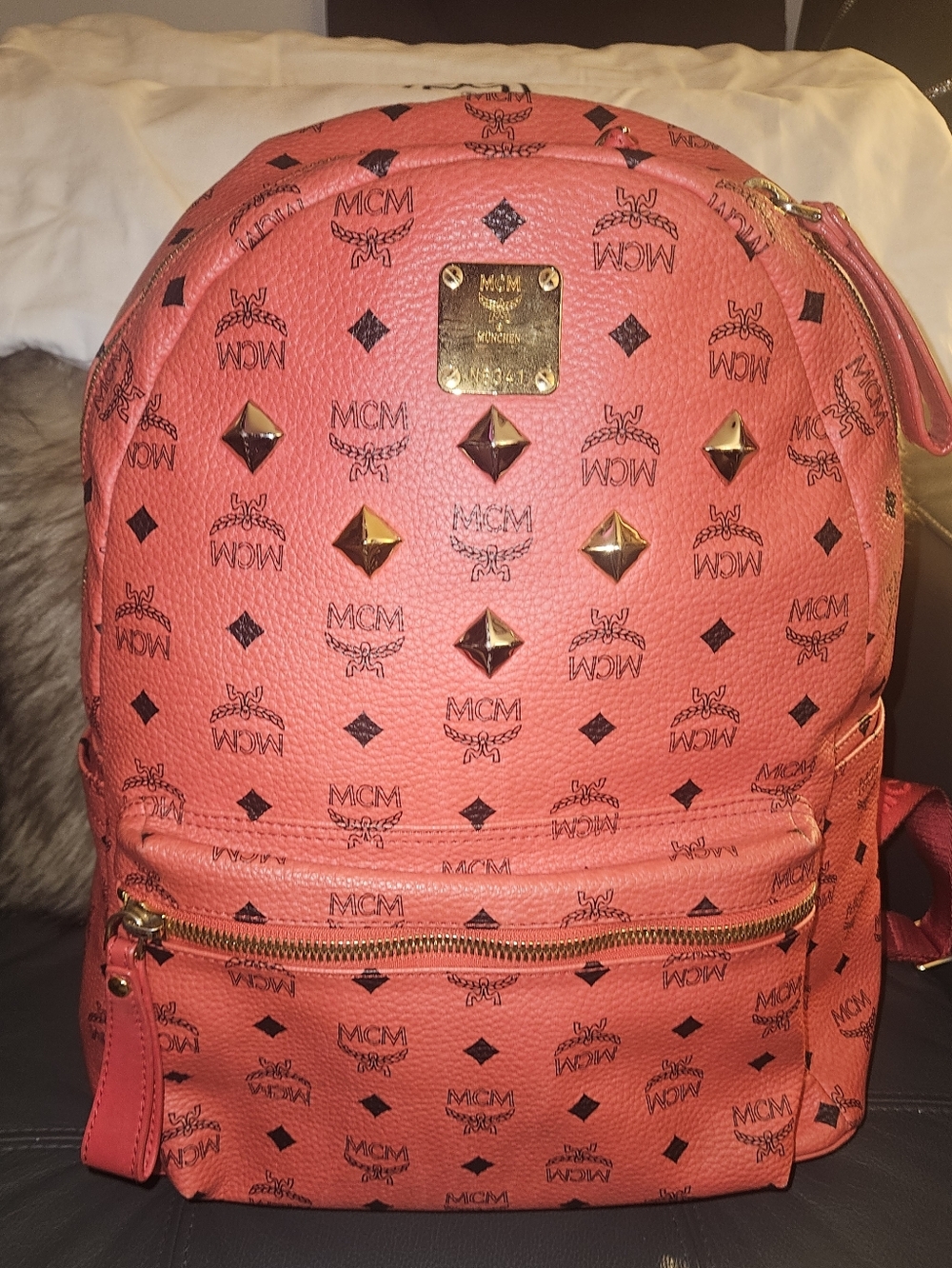 MCM Coral Red Studded Logo Backpack